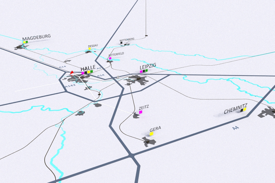 einfache Karte mit Verkehrsverbindungen zwischen Städten Halle, Leipzig, Magdeburg, Dessau, Wittenberg, Bitterfeld, Zeitz, Gera und Chemnitz mit Autobahn A9 und A4