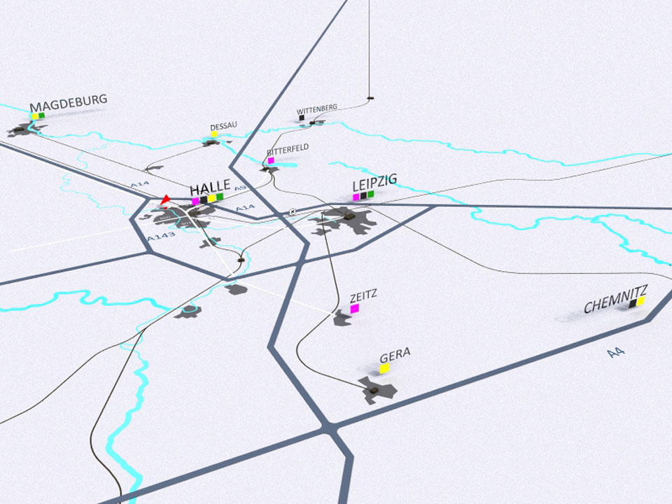 einfache Karte mit Verkehrsverbindungen zwischen Städten Halle, Leipzig, Magdeburg, Dessau, Wittenberg, Bitterfeld, Zeitz, Gera und Chemnitz mit Autobahn A9 und A4